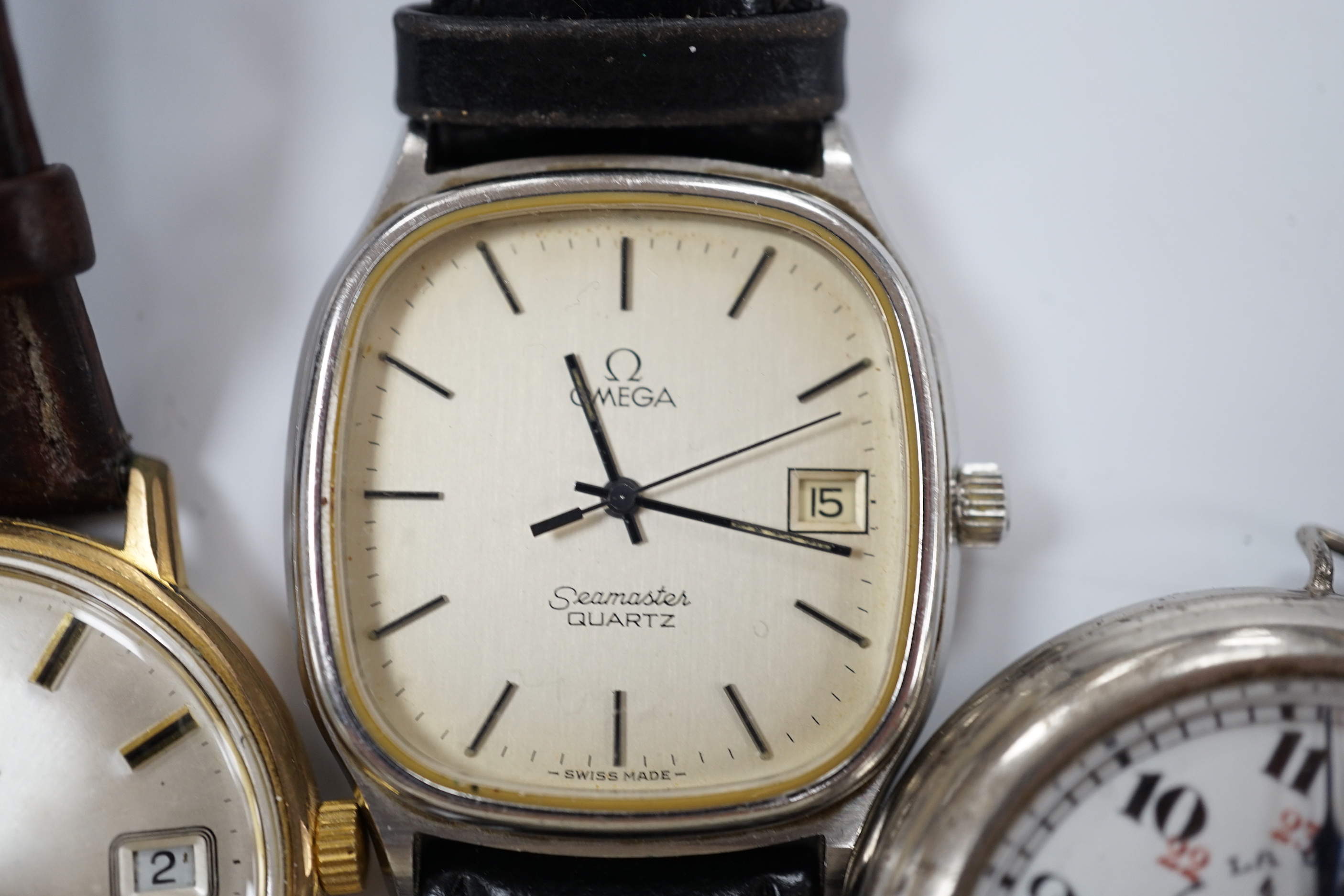 A gentleman's stainless steel Omega Seamaster quartz wrist watch, on associated leather strap, together with a gentleman's steel and gold plated Rotary Commodore automatic wrist watch and a French? wrist watch.